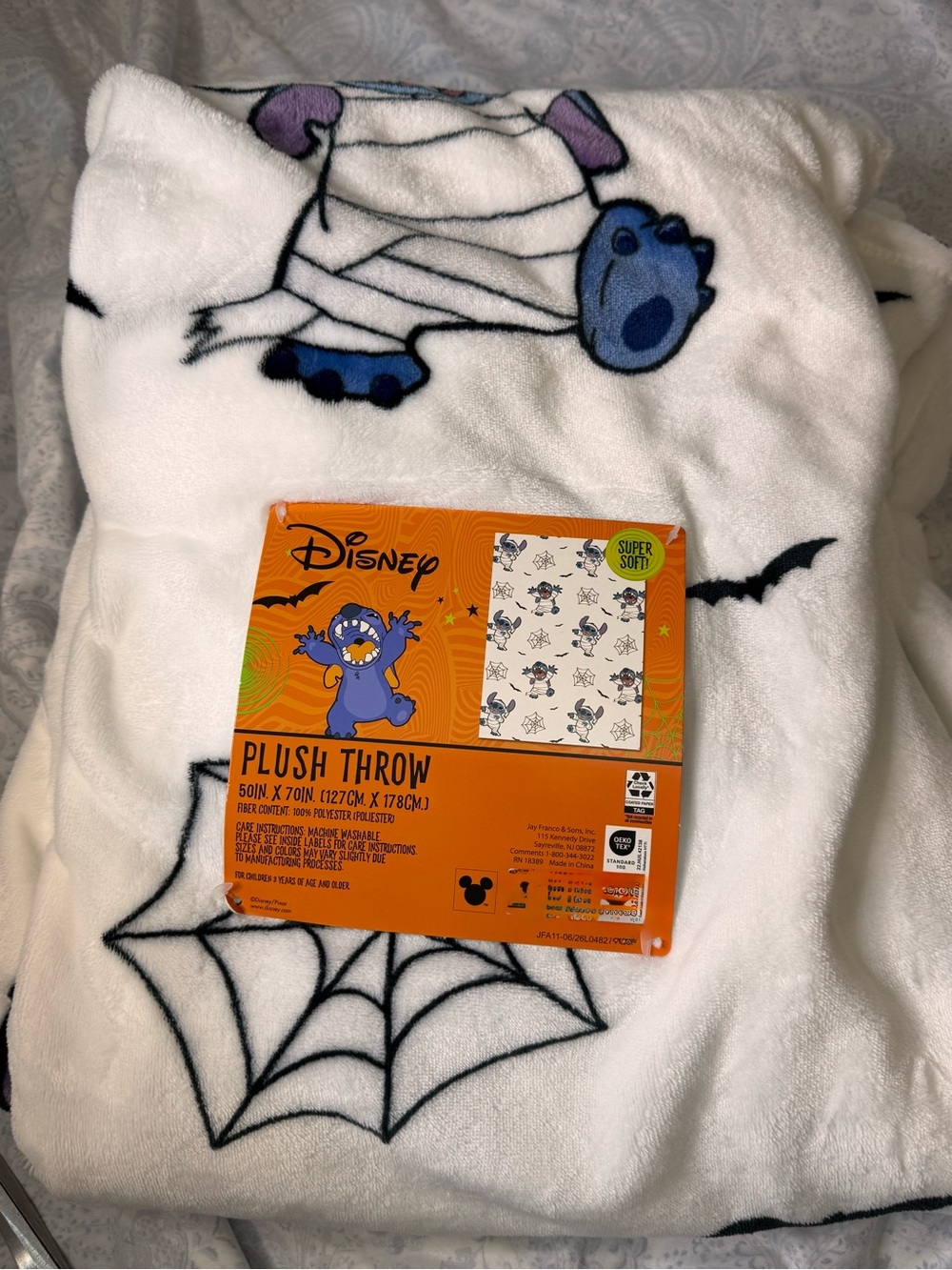 Disney White Plush Halloween Throw with Stitch as a Mummy
